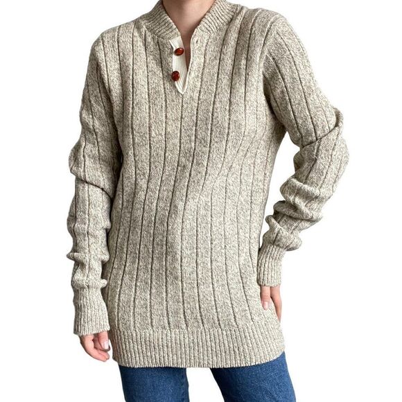 Vintage Mens 1970s Beige Chunky Knit Wool Blend Fisherman Henley Sweater Sz L - Picture 3 of 8